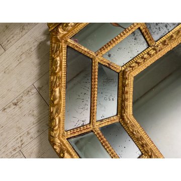ANTICA GRANDE SPECCHIERA OTTAGONALE BAROCCA CIMASA INTAGLIATA FOGLIA ORO XIX sec