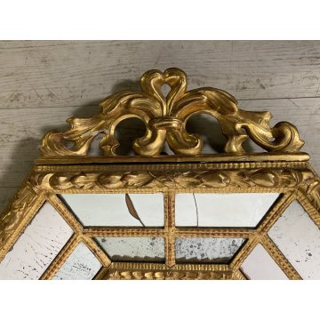 ANTICA GRANDE SPECCHIERA OTTAGONALE BAROCCA CIMASA INTAGLIATA FOGLIA ORO XIX sec