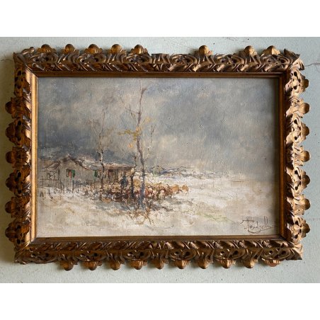 ANTICO DIPINTO OLIO TELA Lucio Todeschini PAESAGGIO RURALE INVERNALE NEVE FIGURA