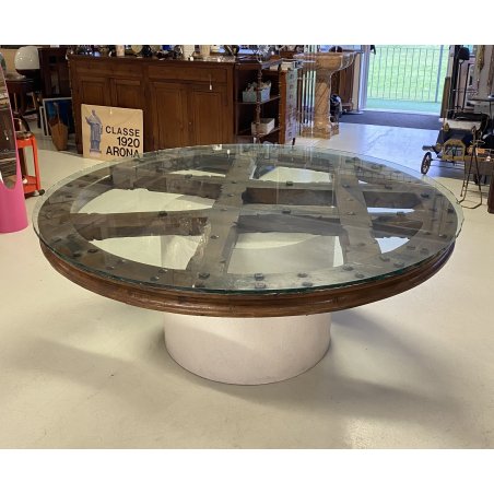 GRANDE TAVOLO ROTONDO RUOTA CAMPANA VETRO UFFICIO LEGNO RIUNIONE PRANZO MEETING