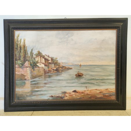 GRANDE QUADRO DIPINTO OLIO firmato PAESAGGIO MARINA epoca 900 CORNICE GUILLOCHE