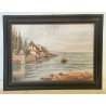 GRANDE QUADRO DIPINTO OLIO firmato PAESAGGIO MARINA epoca 900 CORNICE GUILLOCHE