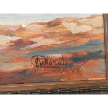 GRANDE QUADRO DIPINTO OLIO firmato PAESAGGIO MARINA epoca 900 CORNICE GUILLOCHE