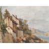 GRANDE QUADRO DIPINTO OLIO firmato PAESAGGIO MARINA epoca 900 CORNICE GUILLOCHE