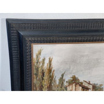 GRANDE QUADRO DIPINTO OLIO firmato PAESAGGIO MARINA epoca 900 CORNICE GUILLOCHE