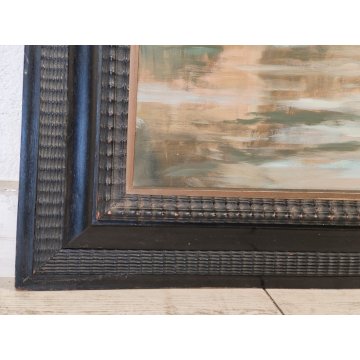 GRANDE QUADRO DIPINTO OLIO firmato PAESAGGIO MARINA epoca 900 CORNICE GUILLOCHE