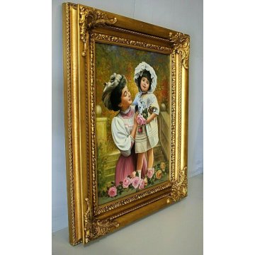 GRANDE QUADRO OLIO TELA  A. Venturini MATERNITA' MADRE BIMBA GIARDINO ROSE FIORI