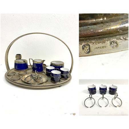 VASSOIO SET da FUMO CAFFE Art Decò ARGENTO BLU COBALTO ARGENTIERE Janetti '30