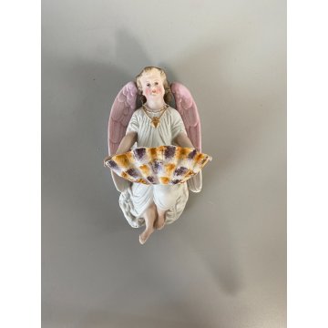 antica ACQUASANTIERA BISQUIT angelo DIPINTA A MANO ceramica '900