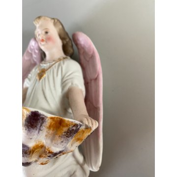 antica ACQUASANTIERA BISQUIT angelo DIPINTA A MANO ceramica '900