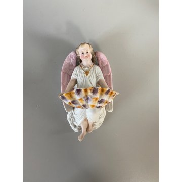 antica ACQUASANTIERA BISQUIT angelo DIPINTA A MANO ceramica '900