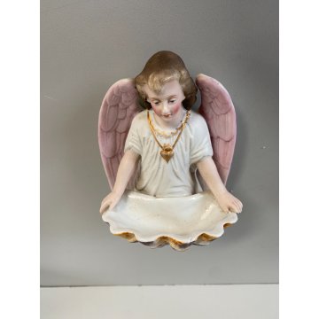 antica ACQUASANTIERA BISQUIT angelo DIPINTA A MANO ceramica '900