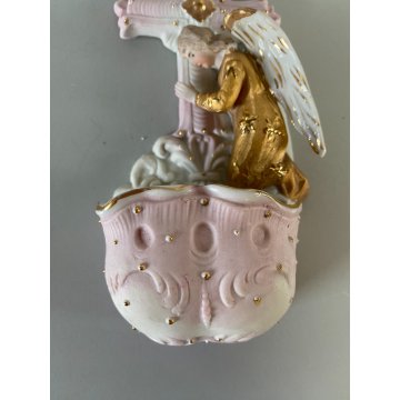 antica ACQUASANTIERA BISQUIT angelo preghiera DIPINTA A MANO ceramica '900