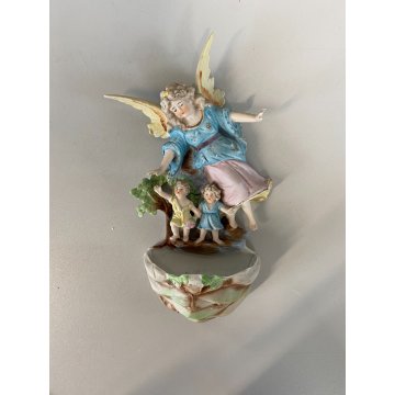 antica ACQUASANTIERA BISQUIT angeli preghiera DIPINTA A MANO ceramica '900