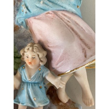 antica ACQUASANTIERA BISQUIT angeli preghiera DIPINTA A MANO ceramica '900