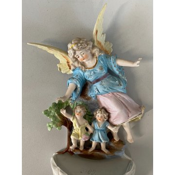antica ACQUASANTIERA BISQUIT angeli preghiera DIPINTA A MANO ceramica '900
