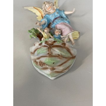 antica ACQUASANTIERA BISQUIT angeli preghiera DIPINTA A MANO ceramica '900