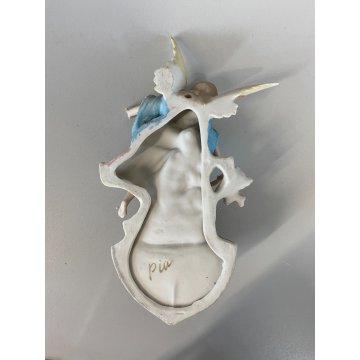 antica ACQUASANTIERA BISQUIT angeli preghiera DIPINTA A MANO ceramica '900