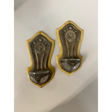 antica COPPIA ACQUASANTIERA GESU' MADONNA MARIA '900 bachelite VETRO metallo