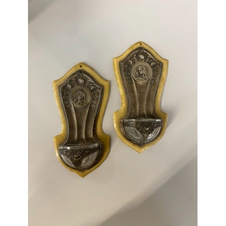 antica COPPIA ACQUASANTIERA GESU' MADONNA MARIA '900 bachelite VETRO metallo