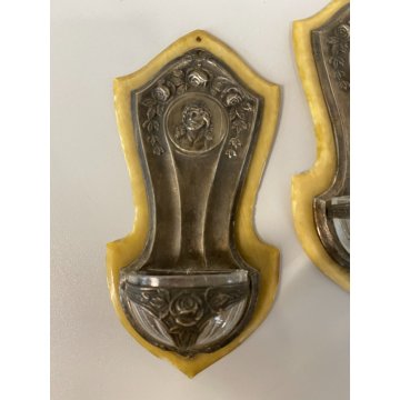 antica COPPIA ACQUASANTIERA GESU' MADONNA MARIA '900 bachelite VETRO metallo