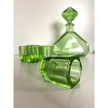 BOTTIGLIA DECANTER 6 BICCHIERI CRISTALLO VERDE MOLATO BOHEMIAN CRYSTAL ART DECO'