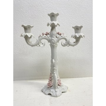 CANDELABRO PORCELLANA BIANCA "AK "STILE LIBERTY 3 BRACCI DECORO FLOREALE '900