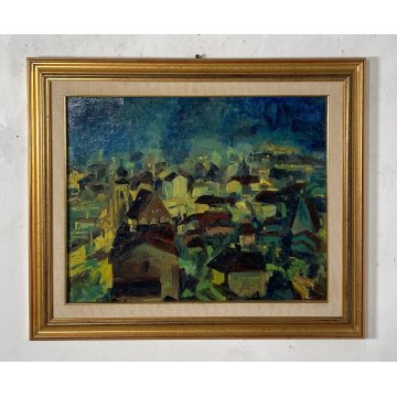 ANTICO QUADRO OLIO TELA Carlo Monti PAESAGGIO CASE TETTI ARONA LAGO MAGGIORE