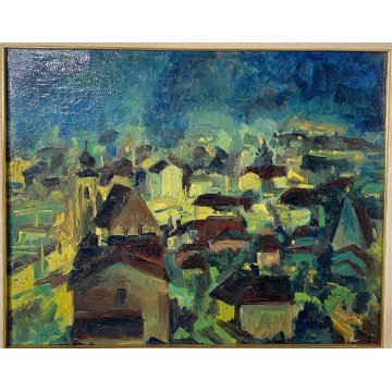 ANTICO QUADRO OLIO TELA Carlo Monti PAESAGGIO CASE TETTI ARONA LAGO MAGGIORE