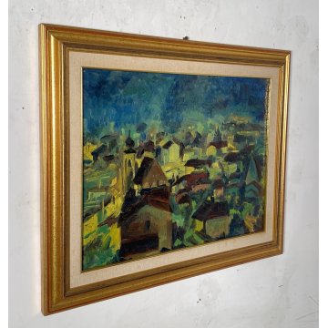 ANTICO QUADRO OLIO TELA Carlo Monti PAESAGGIO CASE TETTI ARONA LAGO MAGGIORE