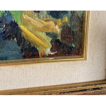 ANTICO QUADRO OLIO TELA Carlo Monti PAESAGGIO CASE TETTI ARONA LAGO MAGGIORE