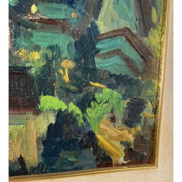 ANTICO QUADRO OLIO TELA Carlo Monti PAESAGGIO CASE TETTI ARONA LAGO MAGGIORE