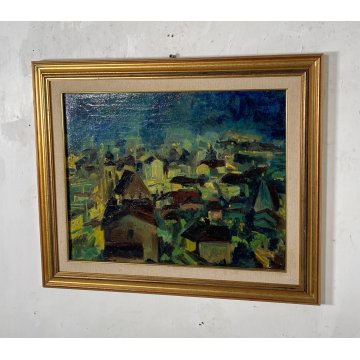 ANTICO QUADRO OLIO TELA Carlo Monti PAESAGGIO CASE TETTI ARONA LAGO MAGGIORE