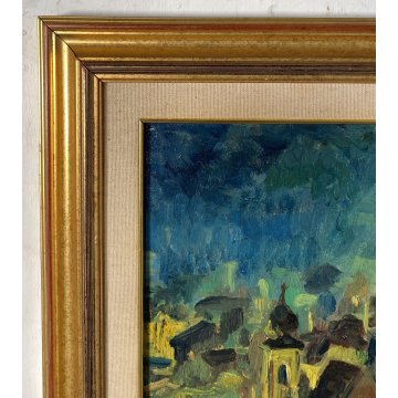 ANTICO QUADRO OLIO TELA Carlo Monti PAESAGGIO CASE TETTI ARONA LAGO MAGGIORE