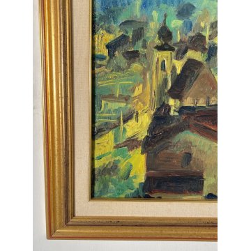 ANTICO QUADRO OLIO TELA Carlo Monti PAESAGGIO CASE TETTI ARONA LAGO MAGGIORE