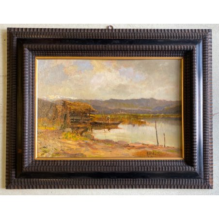ANTICO DIPINTO OLIO Aurelio Roberti PAESAGGIO FLUVIALE BARCA PESCATORE GUILLOCHE