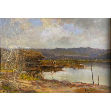 ANTICO DIPINTO OLIO Aurelio Roberti PAESAGGIO FLUVIALE BARCA PESCATORE GUILLOCHE