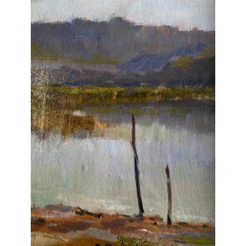ANTICO DIPINTO OLIO Aurelio Roberti PAESAGGIO FLUVIALE BARCA PESCATORE GUILLOCHE