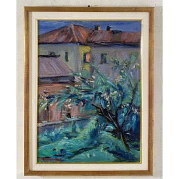 ANTICO QUADRO OLIO TELA Carlo Monti PAESAGGIO CASE TETTI ARONA LAGO MAGGIORE