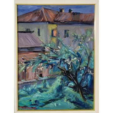 ANTICO QUADRO OLIO TELA Carlo Monti PAESAGGIO CASE TETTI ARONA LAGO MAGGIORE