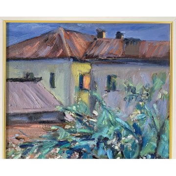 ANTICO QUADRO OLIO TELA Carlo Monti PAESAGGIO CASE TETTI ARONA LAGO MAGGIORE