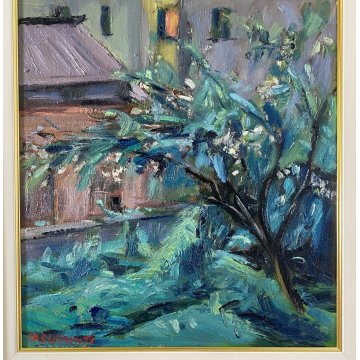 ANTICO QUADRO OLIO TELA Carlo Monti PAESAGGIO CASE TETTI ARONA LAGO MAGGIORE