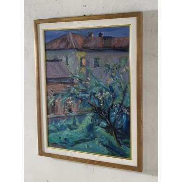 ANTICO QUADRO OLIO TELA Carlo Monti PAESAGGIO CASE TETTI ARONA LAGO MAGGIORE