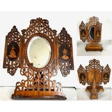 TRITTICO SORRENTINO SPECCHIO DA VIAGGIO LEGNO INTARSIATO PIEGHEVOLE EPOCA '800