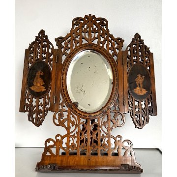 TRITTICO SORRENTINO SPECCHIO DA VIAGGIO LEGNO INTARSIATO PIEGHEVOLE EPOCA '800