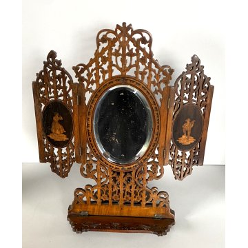 TRITTICO SORRENTINO SPECCHIO DA VIAGGIO LEGNO INTARSIATO PIEGHEVOLE EPOCA '800