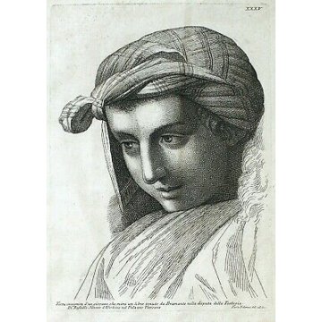 QUADRO ANTICA STAMPA da INCISIONE 1760 P.Fidanza TESTA GIOVANE DONNA RAFFAELLO