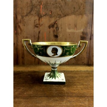 ANTICA TAZZA TEA Limoges AF FRANCE COPPA PIEDESTALLO ORO VERDE STILE IMPERO 1918