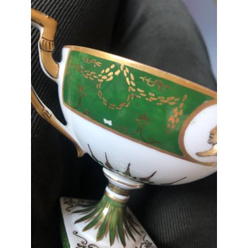 ANTICA TAZZA TEA Limoges AF FRANCE COPPA PIEDESTALLO ORO VERDE STILE IMPERO 1918