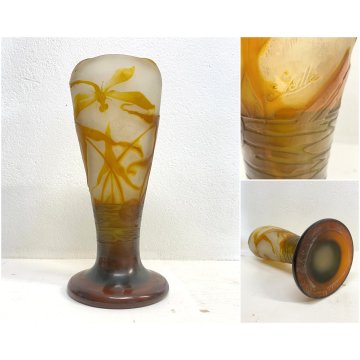 GRANDE VASO ART NOUVEAU FIRMATO Gallé DECORO VETRO CAMMEO DRAGONFLY 38cm/h EPOCA